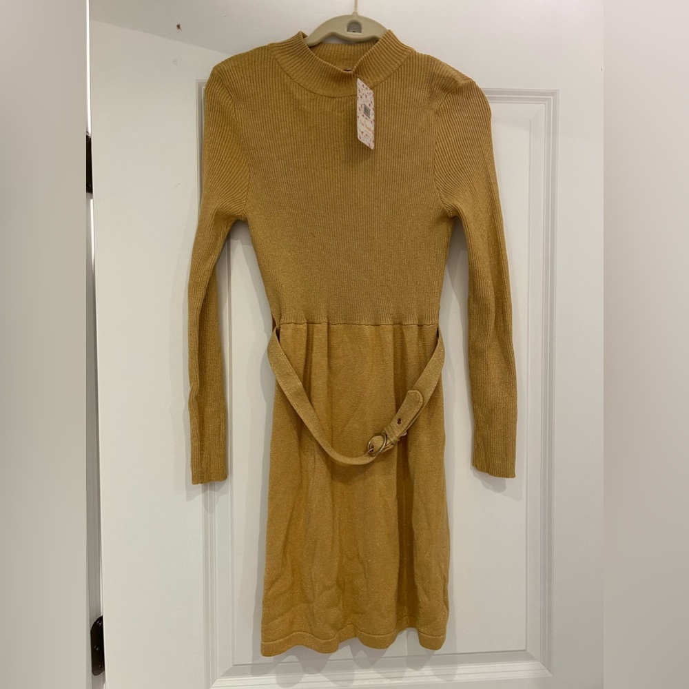 Free People French Girl Mini Belted Sweater Dress in Gold Shimmer, Size S, NWT